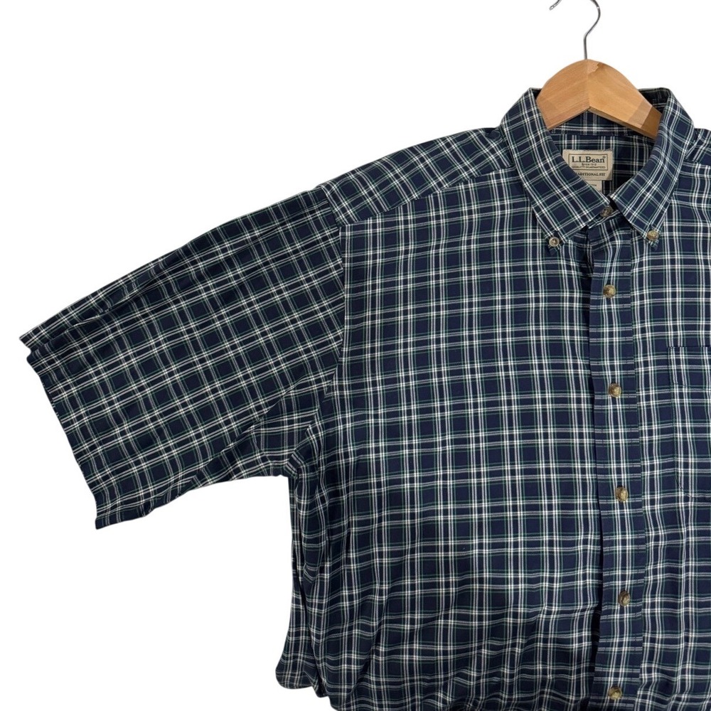 LL Bean Mens Plaid Short Sleeve Button Down Shirt Blue Green L Tall 504266